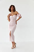 Спідничний костюм з топом-бюстьє та спідницею міді з прошви - пудра цвет, S (є розміри) M