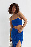 Літній костюм з топом на тонких бретелях та спідницею міді - синій цвет, L (є розміри), фото 3
