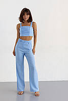 Жіночий бавовняний костюм із брюками та топом - блакитний цвет, L (є розміри)