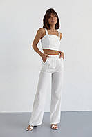 Жіночий бавовняний костюм із брюками та топом - молочний цвет, L (є розміри)