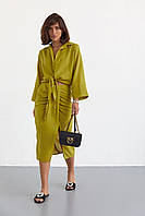 Літній спідничний костюм із блузою на зав'язках - гірчичний цвет, L (є розміри)