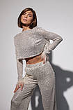 Брючний костюм з паєтками та пір'ям на рукавах - бежевий цвет, XL (є розміри), фото 3