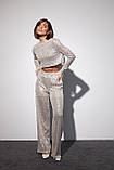 Брючний костюм з паєтками та пір'ям на рукавах - бежевий цвет, XL (є розміри), фото 9