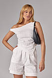 Жіночий лляний костюм із шортами та асиметричним топом - молочний цвет, M (є розміри) L, фото 5