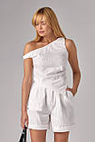 Жіночий лляний костюм із шортами та асиметричним топом - молочний цвет, M (є розміри) L, фото 9