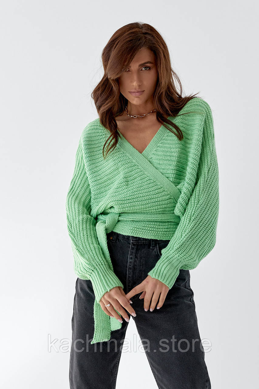 Коротка в'язана кофта із запахом та поясом QU STYLE - салатовий цвет, ONE SIZE (є розміри)