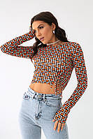 Топ асиметричного крою з принтом Crep - помаранчевий цвет, S (є розміри)