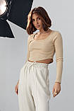 Приталена трикотажна кофта в рубчик - бежевий цвет, L (є розміри), фото 2