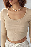 Приталена трикотажна кофта в рубчик - бежевий цвет, L (є розміри), фото 5