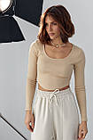 Приталена трикотажна кофта в рубчик - бежевий цвет, L (є розміри), фото 7