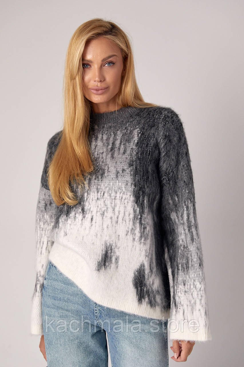 Кофта з ворсистої пряжі із абстрактним візерунком - сірий цвет, ONE SIZE (є розміри), фото 1