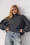 Жіночий в'язаний светр з рукавами-ліхтариками - темно-сірий цвет, ONE SIZE (є розміри), фото 5