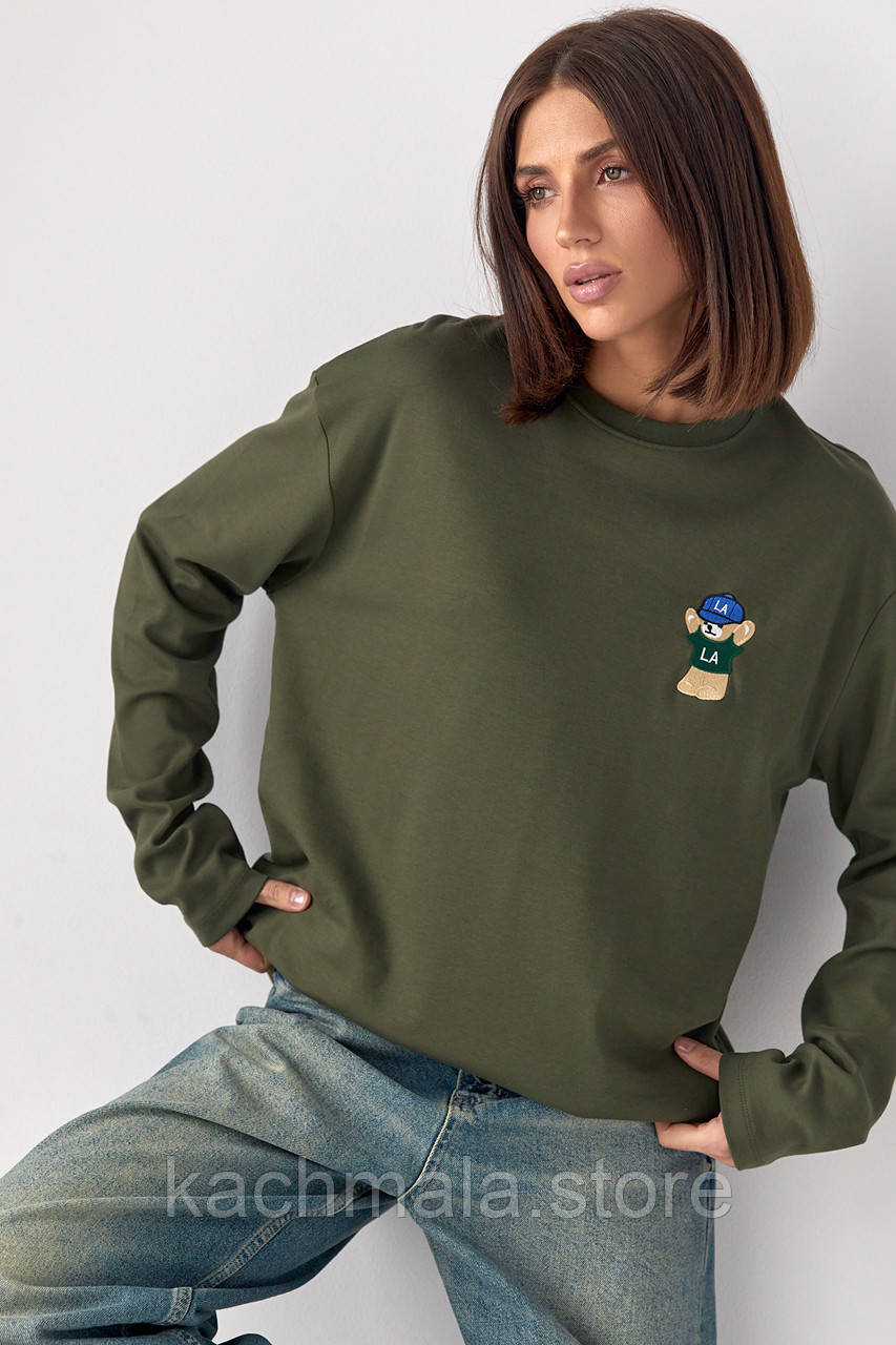 Трикотажний лонгслів oversize з вишитим ведмедиком - хакі цвет, ONE SIZE (є розміри)