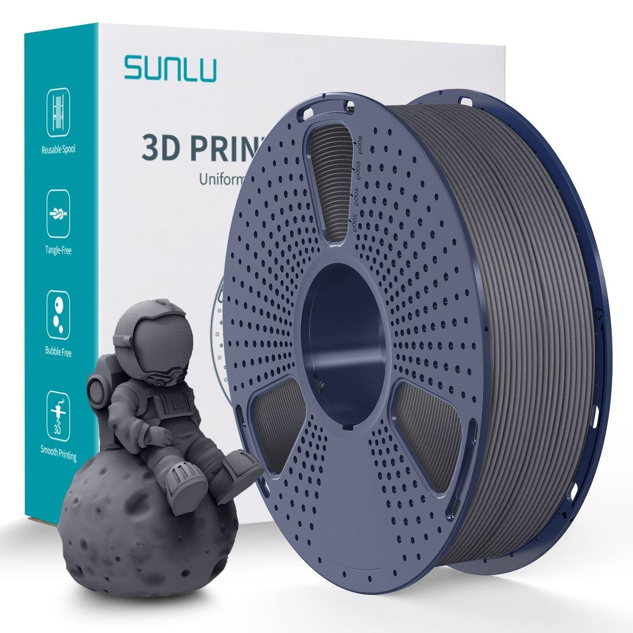 Пластик філамент для 3Д-друку SUNLU PLA Matte Grey (09741105E), Reusable Spool, 1.75мм, 1кг, 330м, 205-245°C, Сірий