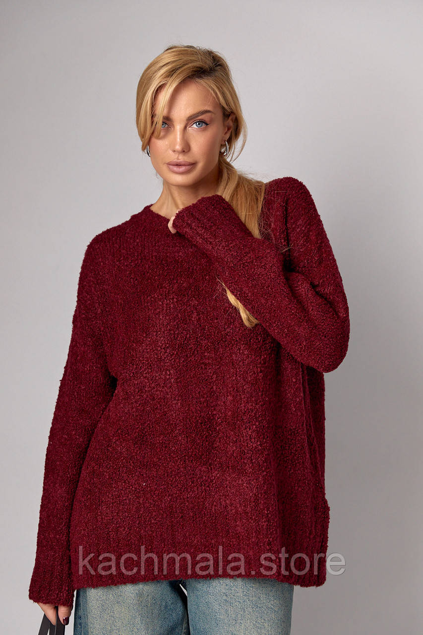 Жіночий подовжений в'язаний джемпер oversize - бордо цвет, ONE SIZE (є розміри)