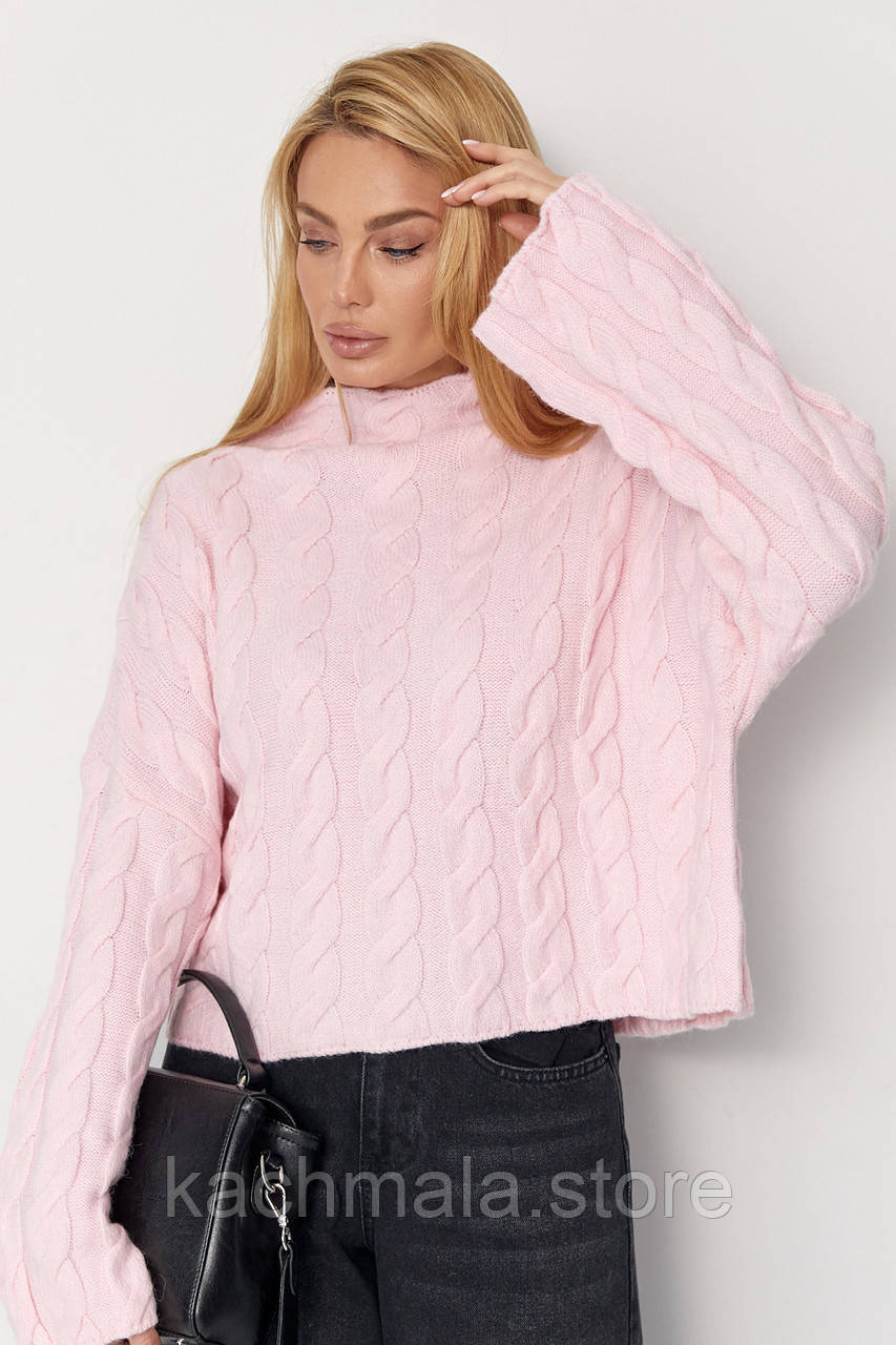 В'язаний светр із косичками - рожевий цвет, ONE SIZE (є розміри)