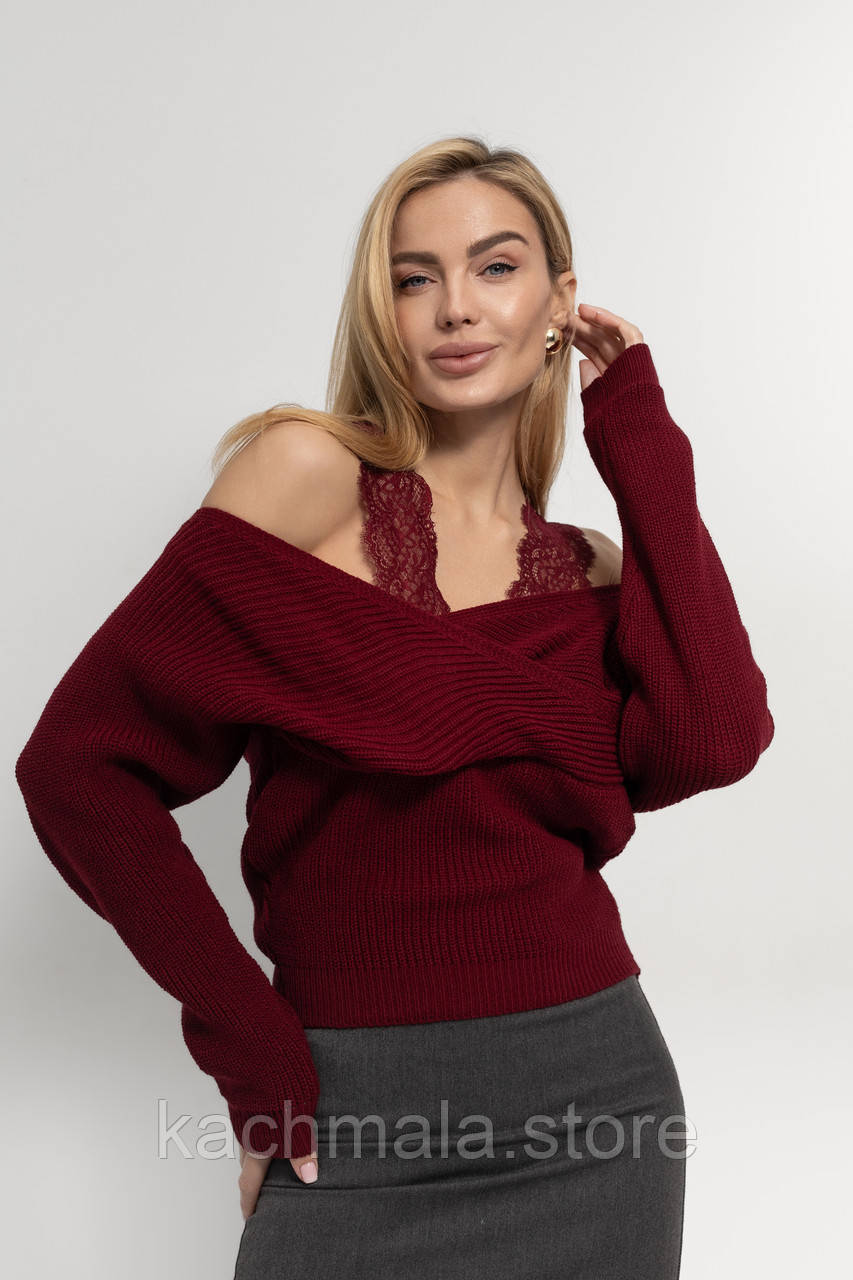 В'язана кофта на запах із мереживом - бордо цвет, ONE SIZE (є розміри)