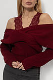 В'язана кофта на запах із мереживом - бордо цвет, ONE SIZE (є розміри), фото 4