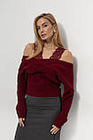 В'язана кофта на запах із мереживом - бордо цвет, ONE SIZE (є розміри), фото 5