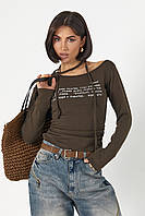 Трикотажний лонгслів на зав'язках із асиметричною горловиною - темно-коричневий цвет, ONE SIZE (є розміри)