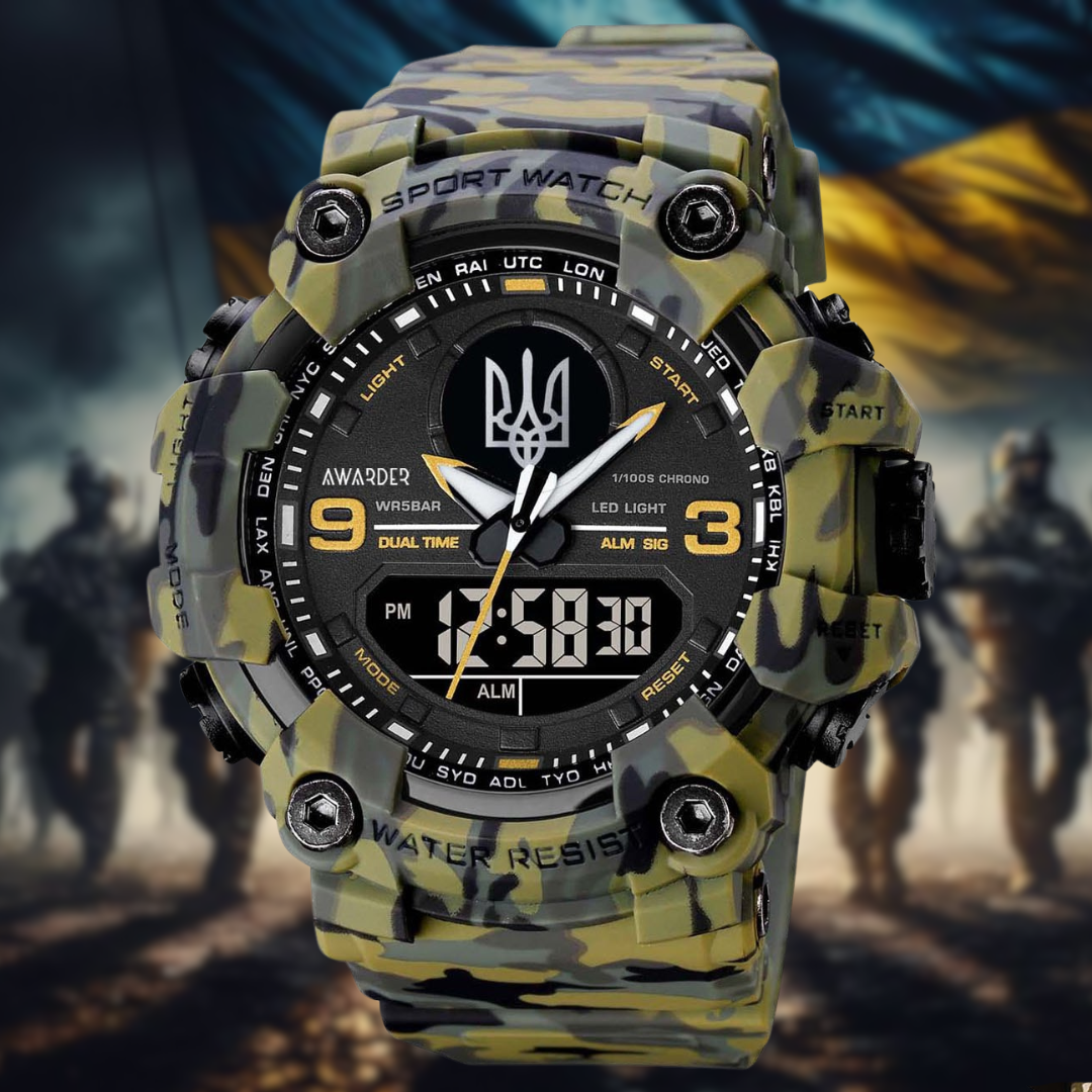 Годинник армійський зелений чоловічий з підсвічуванням водонепроникний камуфляжний з Гербом України Awarder Tactic