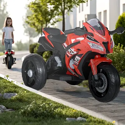 Червоний електромотоцикл мотик Кавасакі для дитини 8 років / Трендовий мототранспорт трицикл Світло MP3 EVA колеса