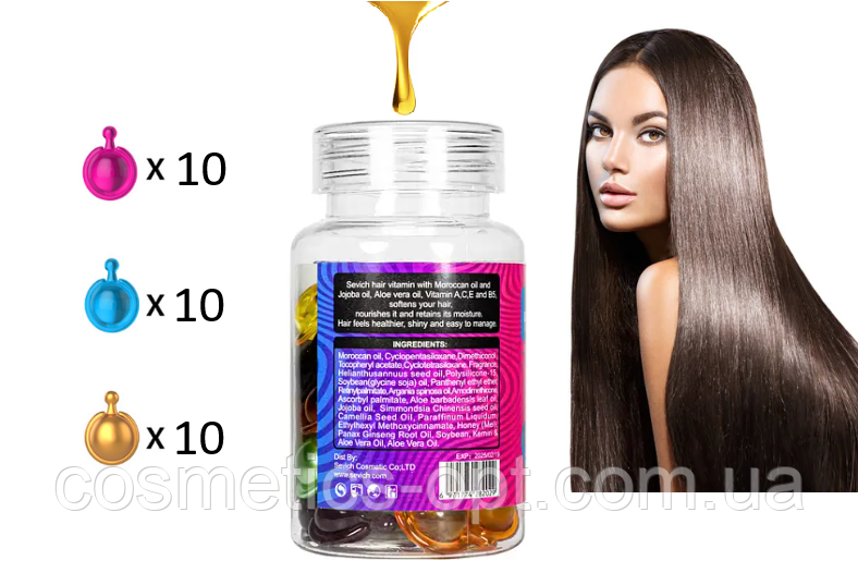САМОРОБНИЙ Мікс Капсул для Волосся SEVICH Hair Vitamin - 3 КОЛЬОРИ (Рожеві, Блакитні, Золоті), 30 капсул, фото 1