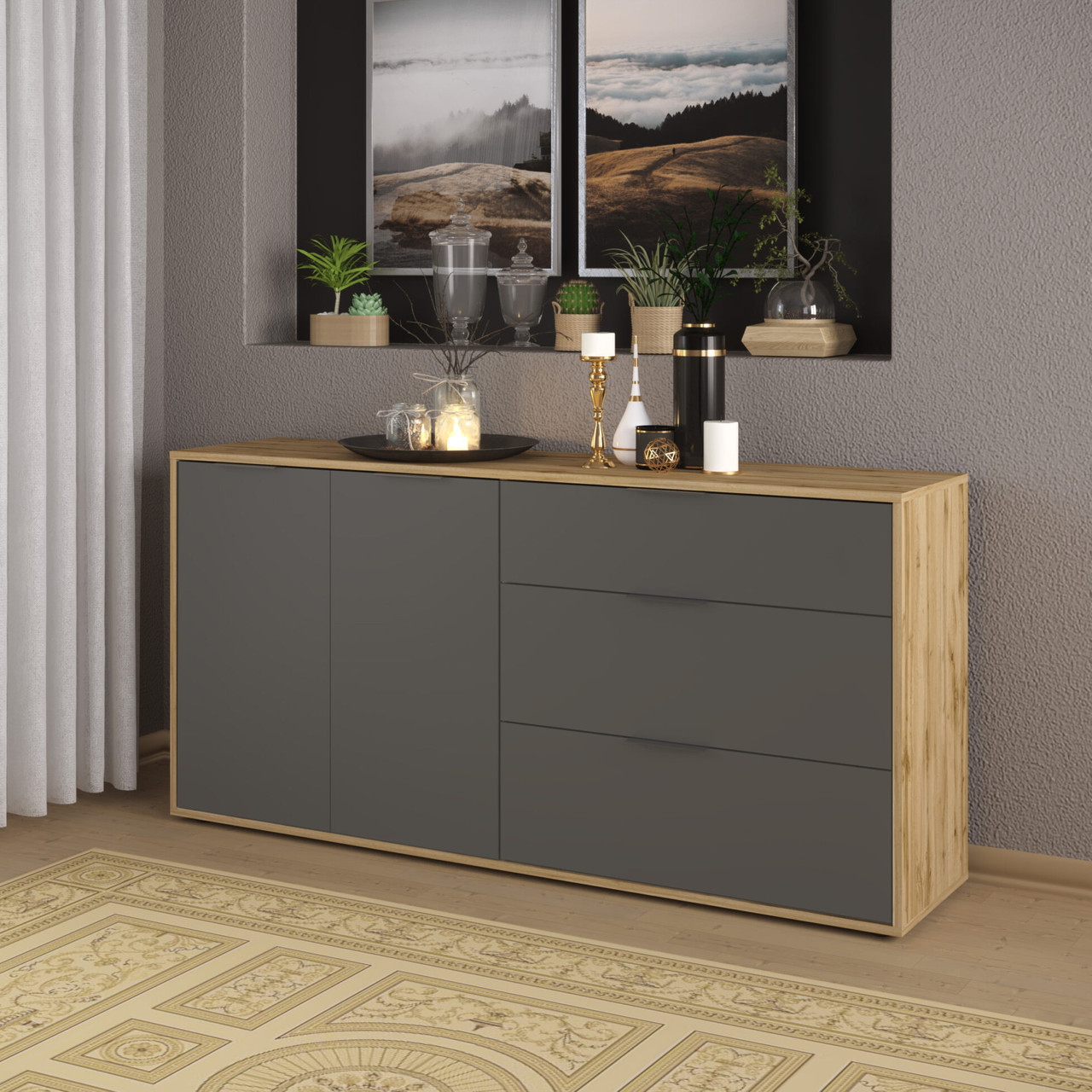 Сучасний низький довгий комод 2Д3Ш під телевізор 160 см у вітальню з шухлядами і дверцятами ДСП Нітро Сокме