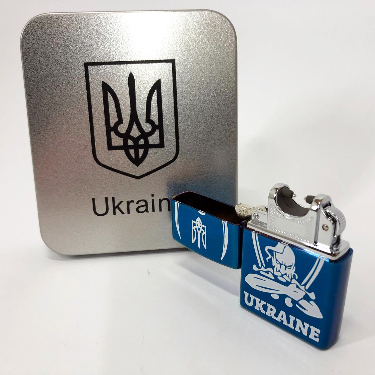 Дугова електроімпульсна запальничка USB Україна (металева коробка) HL-449. Колір: синій, фото 1