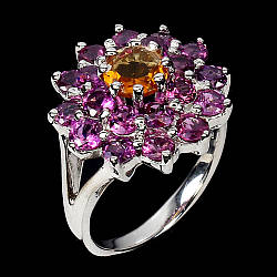 Цитрин і родоліт срібна каблучка, 0302ЛЦ