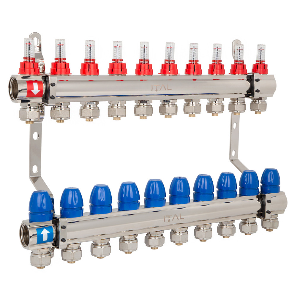 Комплект колектора з витратомірами ITAL IT010-H2001 1"-3/4", євроконус, 10 виходів, латунь, фото 1