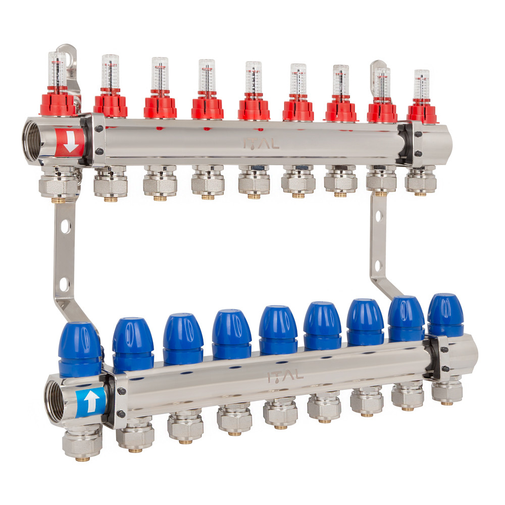 Комплект колектора з витратомірами ITAL IT09-H2001 1"-3/4", євроконус, 9 виходів, латунь, фото 1
