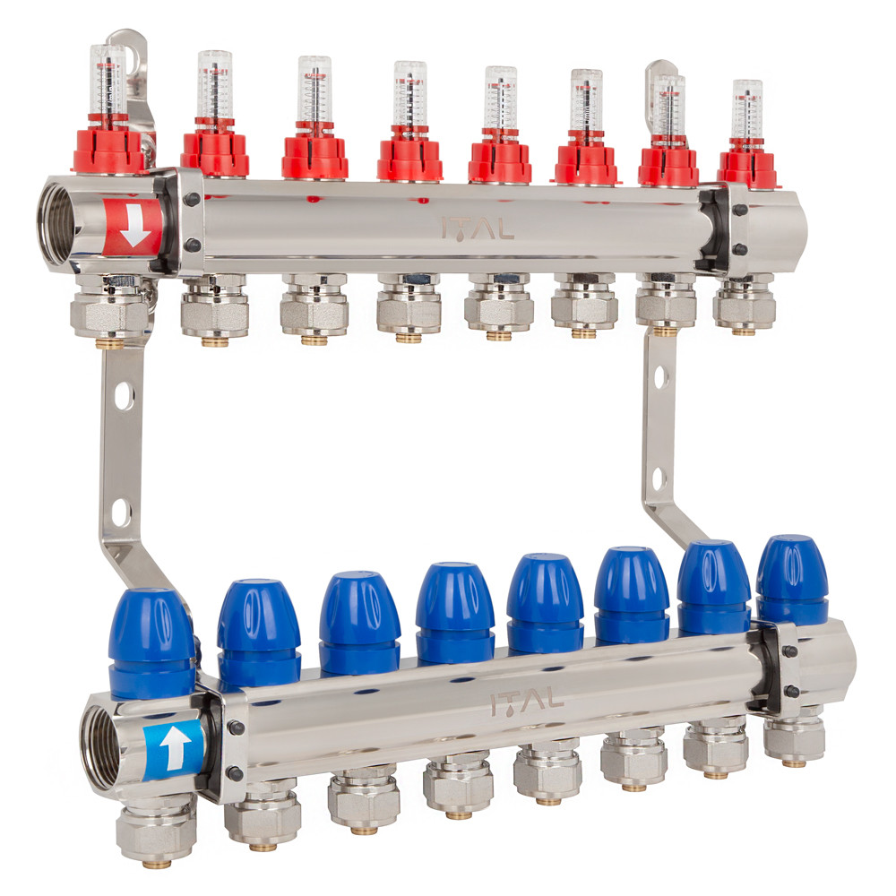 Комплект колектора з витратомірами ITAL IT08-H2001 1"-3/4", євроконус, 8 виходів, латунь, фото 1