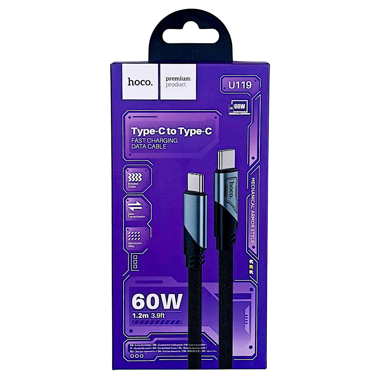 Кабель для швидкого заряджання телефону 60W Hoco U119 3А Type-C-Type-C 120 см гумовий чорний