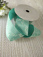 Стрічка атласна 4см. з мереживом М'ятна (за 1 метр)