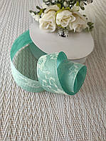 Стрічка атласна 2.5 см. з мереживом М'ятна (за 1 метр)