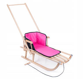 Санки  дерев#39;яні  зі  спинкою,  штовхачем  +  тепла  вкладка  Рожевий