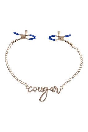 Затискачі для сосків Sex & Mischief на золотому ланцюжку зі словом «Cougar», фото 1