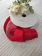 Стрічка атласна 2.5 см. з мереживом Червона (за 1 метр)