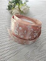 Стрічка атласна 2.5 см. Пудрова з квітами (за 1 метр)