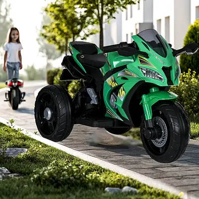 Зелений електромотоцикл триколісний Кавасакі хлопчикові від 3 років / Дитячий байк трицикл з MP3 Світло 2 мотори 35W