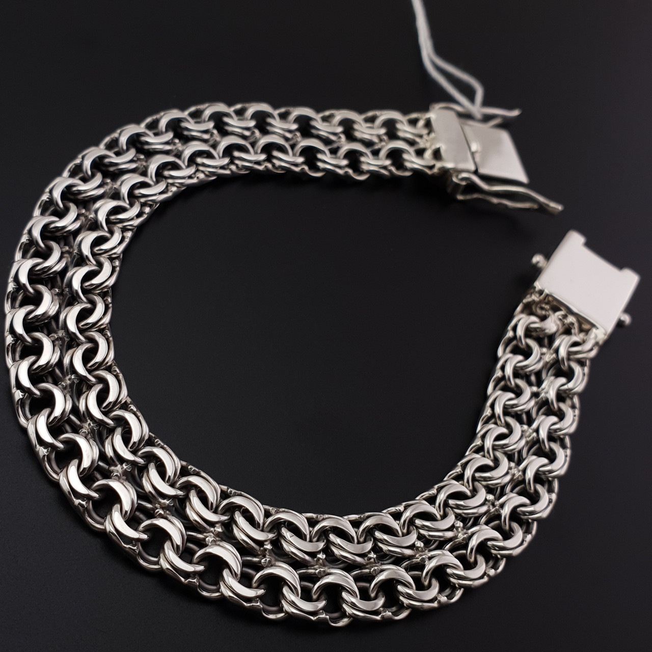 Широкий срібний браслет чоловічий подвійний бісмарк плоский замок коробка. Ширина 13 мм. Довжина 24 см, фото 1