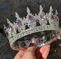 Корона металева для декору СРІБНА з камінцями НІЖНО РОЖЕВОГО кольору