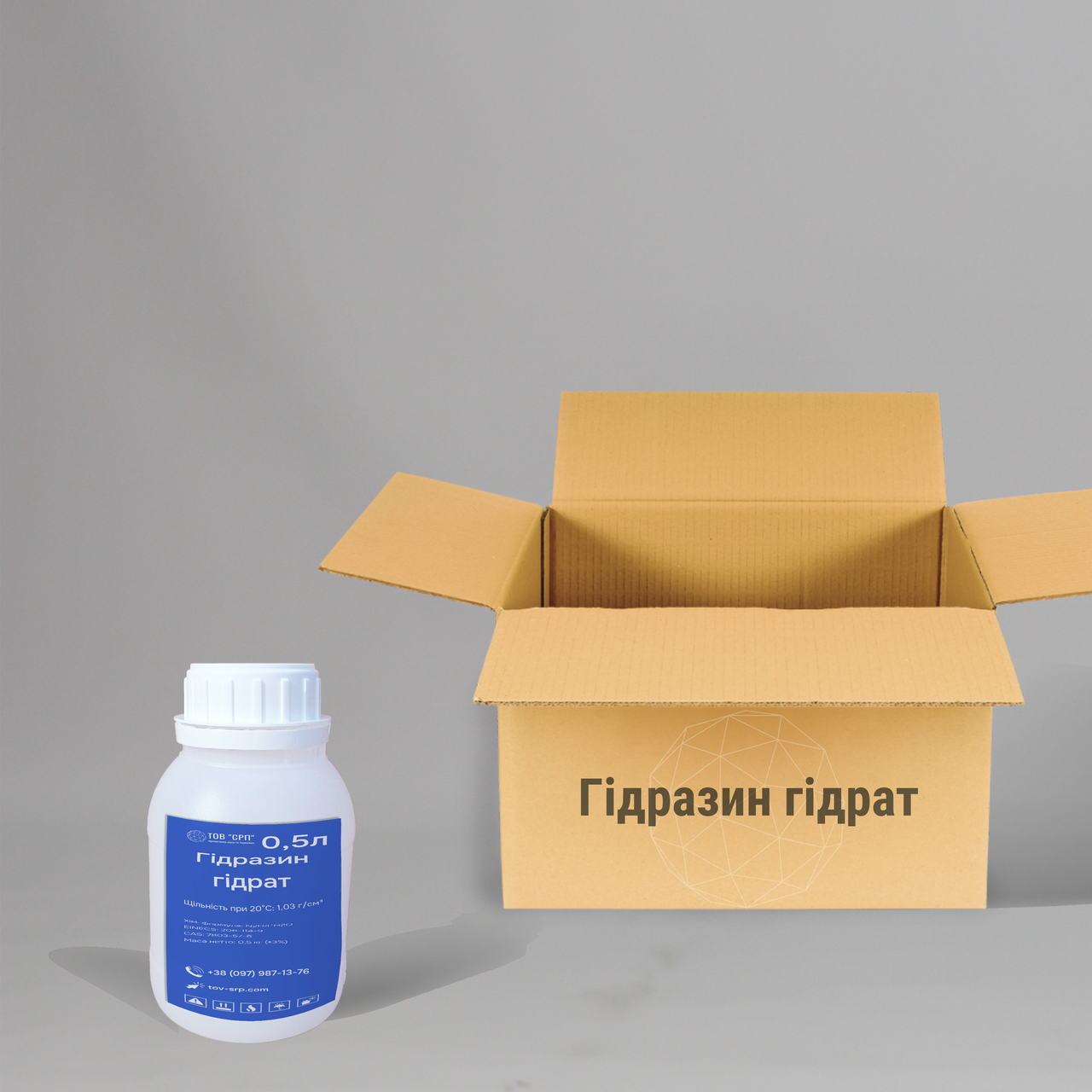 Гідразин гідрат у флаконах 0,5л (у коробці 32 флаконів)