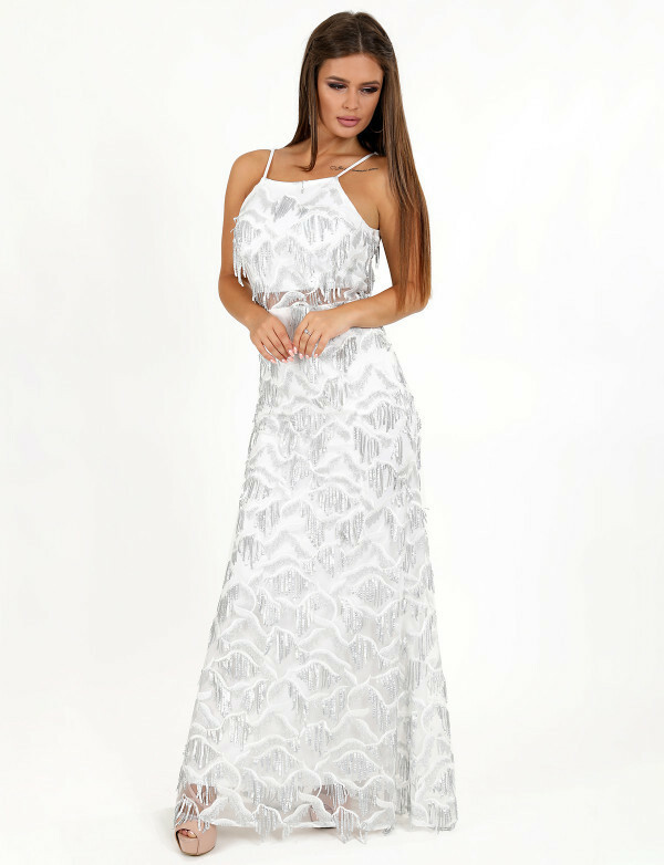Плаття жіноче на бретелях біле вечірнє в підлогу зі стразами MKENG2258, фото 1