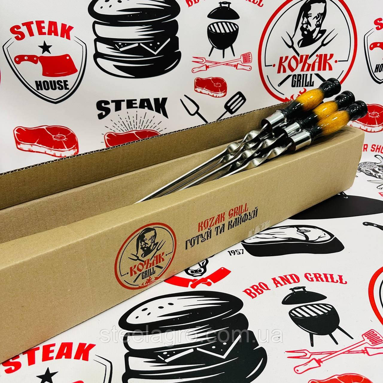 Шампур Kozak Grill із двоколяровой деревьяною ручкою 650Х12Х3 мм