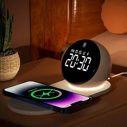 AUYLE Будильник із бездротовою зарядкою 15 Вт,регульований нічник, Bluetooth-динамік,білий шум,повтор сигналу,, фото 1