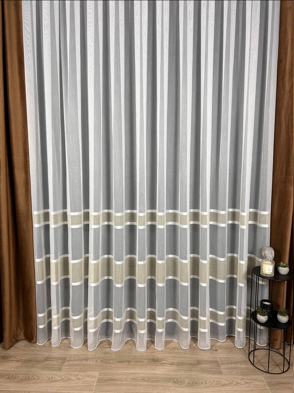 Ціна за 4 м! Тюль на основі бамбука зі смужками. Колір: золотистий, фото 1