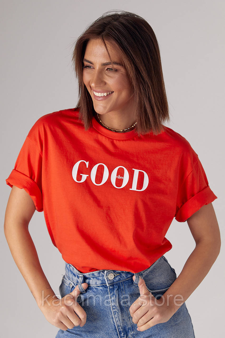 Трикотажна футболка з написом Good vibes - червоний цвет, L (є розміри)