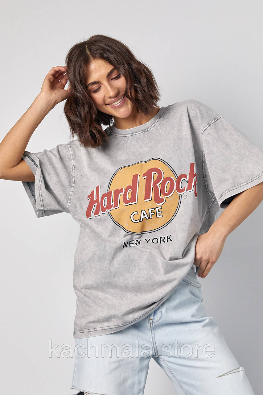 Трикотажна жіноча футболка тай-дай із написом Hard Rock - світло-сірий цвет, ONE SIZE (є розміри)